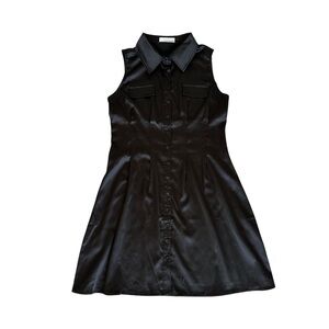 Black Sleeveless Button-Front Silky Mini Dress Large